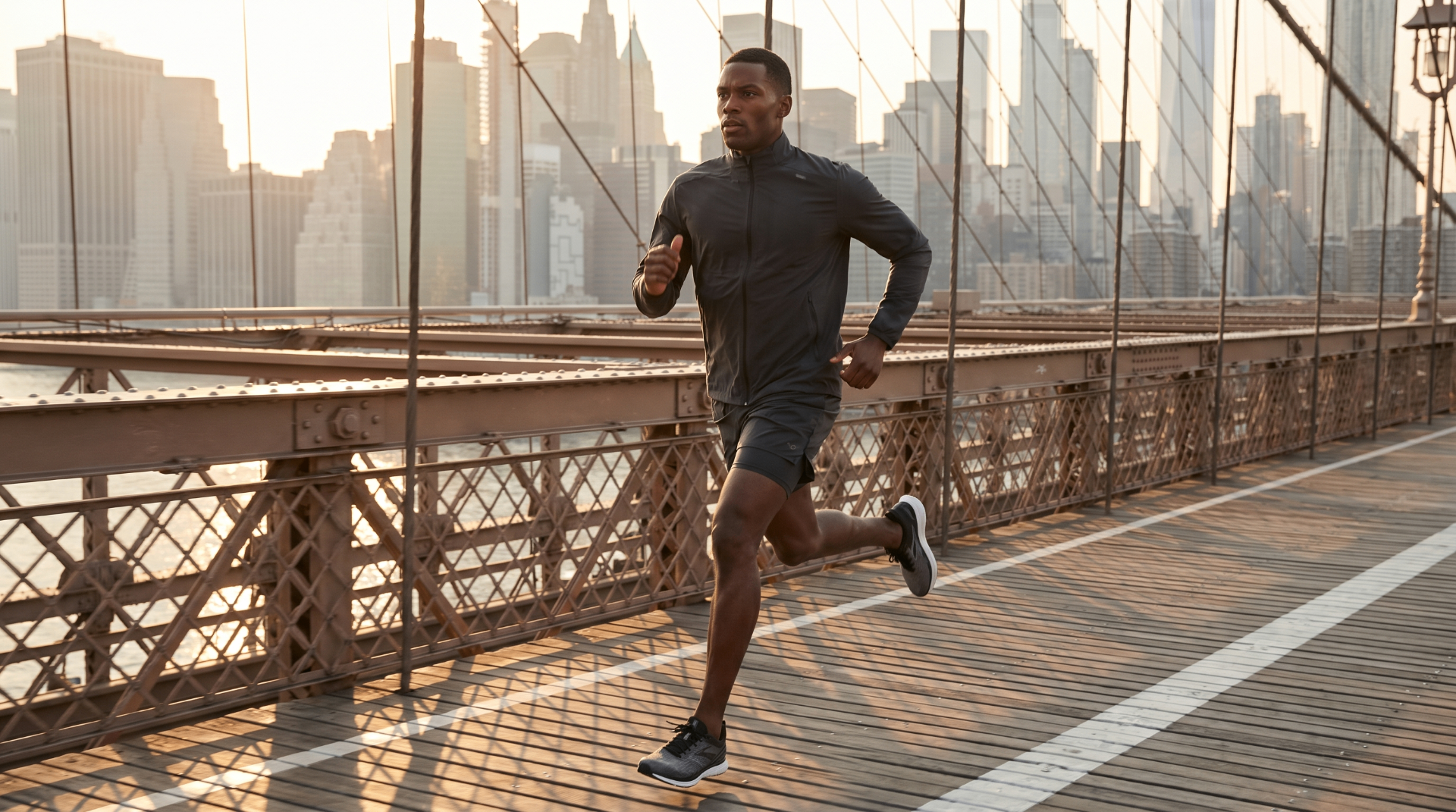 Athlete running on a bridge at sunrise